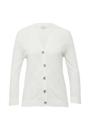 Witte gebreide cardigan met een V-hals, zes decoratieve knopen en een zigzagpatroon over het geheel. Heeft lange mouwen en geribde manchetten.