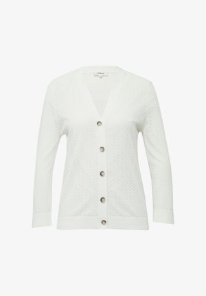 Cardigan tricoté blanc avec un col en V, six boutons décoratifs et un motif en zigzag sur l'ensemble. Il possède des manches longues et des poignets côtelés.