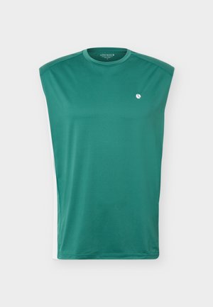 Atletska majica brez rokavov v barvi zelenkastomornarsko modre z majhnim belim logotipom na levi strani prsnega koša in okroglim izrezom okoli vratu.
