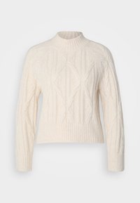 Κρεμ κασκόλ πλεκτό πουλόβερ με ψηλό λαιμό, μακριά μανίκια και ριμπ τελείωμα. Διαθέτει υφασμάτινα σχέδια και χαλαρή εφαρμογή.