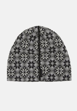 Neulepipo mustana ja harmaana, jossa on geometrisia lumihiutaleita. Varustettu keskisaumalla ja tarralla reunan varrella. Pehmeä rakenne.