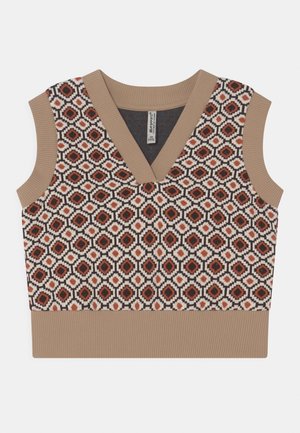 Haut sans manches en maille beige avec un col en V. Présente un motif géométrique en noir, rouge et blanc. Bordures épaisses côtelées à l'ourlet et aux emmanchures.