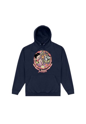 Granatowy hoodie z kieszenią z przodu, z kolorową grafiką przedstawiającą łuski, kwiaty i postać z kreskówki w okrągłej ramie.