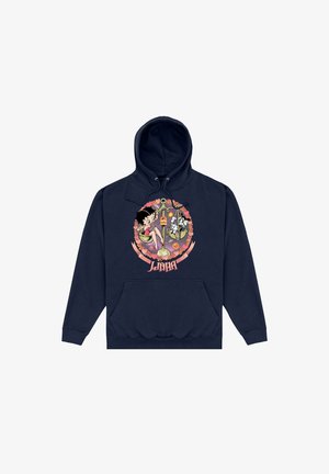 Felpa blu navy con tasca frontale, caratterizzata da un design grafico colorato di squame, fiori e un personaggio dei cartoni in un'imbottitura rotonda.