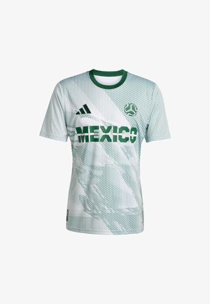 Vihreä ja valkoinen lyhythihainen jalkapallo-asu, jossa on gradienttikuosi, "MEXICO" lihavoinnilla vihreillä kirjaimilla ja Adidas-logo vasemmalla olkapäällä.