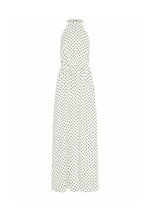 Valkoinen hihaton halterneck-mekko, jossa mustia pilkkuja, istuva vyötärö ja pitkä laskeutuva helma.