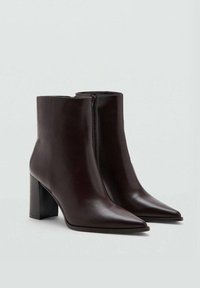 Braune Leder-Stiefeletten mit spitzer Schuhspitze, Reißverschluss an der Seite und Blockabsatz. Glatte Textur und minimalistisches Design.