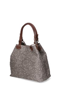 Borsa grigia con motivo floreale in rilievo, manici in pelle marrone, forma strutturata e accessori decorativi.