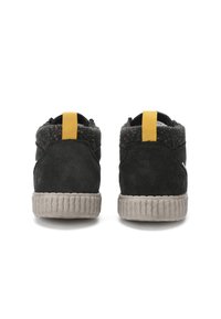 Par de zapatillas de ante negro con suelas texturizadas en gris, cuellos de tela moteada en varios colores y tiradores amarillos, vistas desde la parte trasera.