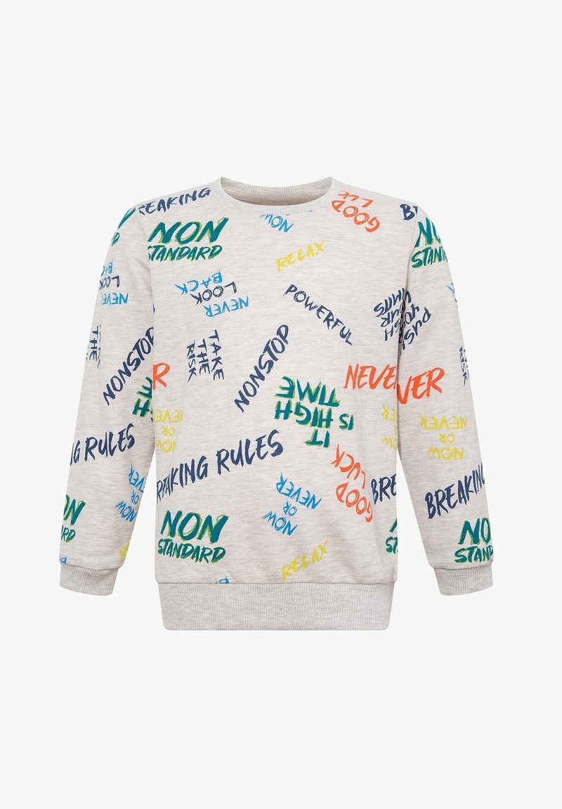 Sweat-shirt gris clair avec des phrases motivantes colorées telles que "NON STANDARD", "NEVER", "RELAX" et "BREAKING RULES" dispersées sur le tissu.
