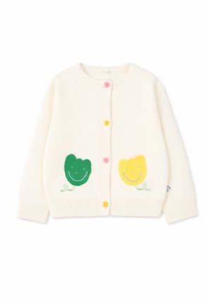 Cardigan lavorato a maglia color crema con bottoni rosa e gialli, decorato con motivi di fiori sorridenti verdi e gialli sul davanti.