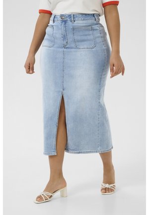 Light blue denim midi skirt featuring a front slit, two back pockets, and a fitted waist with a button closure. Smooth texture and casual design.