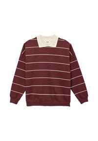 Pullover bordeaux con strisce orizzontali bianche, con colletto color crema, polsini a costine e una vestibilità comoda. Tessuto morbido.
