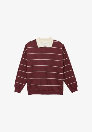 Jersey burdeos con rayas horizontales blancas, que presenta un cuello color crema, puños acanalados y un corte relajado. Textura de tela suave.