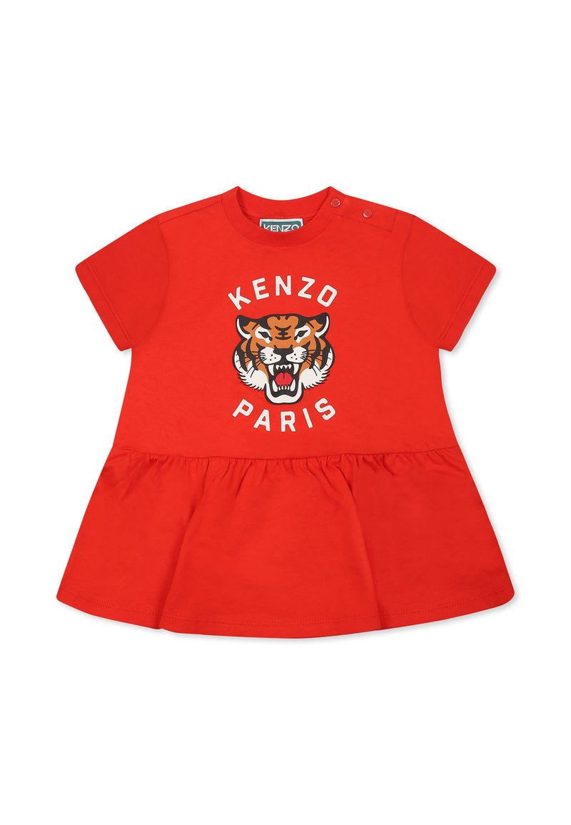 Czerwona bawełniana sukienka z krótkimi rękawami, rozkloszowanym dołem oraz grafiką tygrysa z napisem "KENZO PARIS". Zapięcia na zatrzaski na ramieniu.