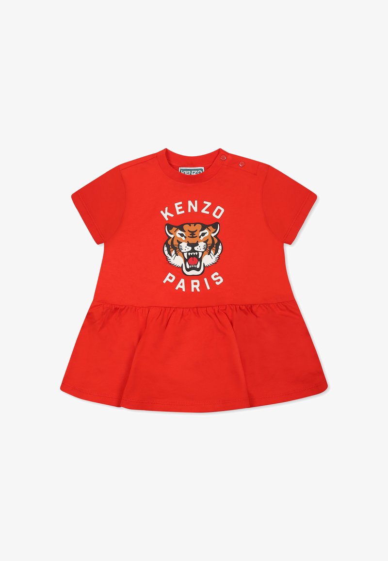 Rode katoenen jurk met korte mouwen, een uitlopende rok en een tijgerafbeelding met de tekst "KENZO PARIS". Drukknoopsluiting op de schouder.