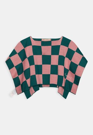 Grün und pink kariertes Strickponcho mit weitem Ausschnitt und asymmetrischem Saum, mit einer kleinen gestickten Signatur an der Seite.