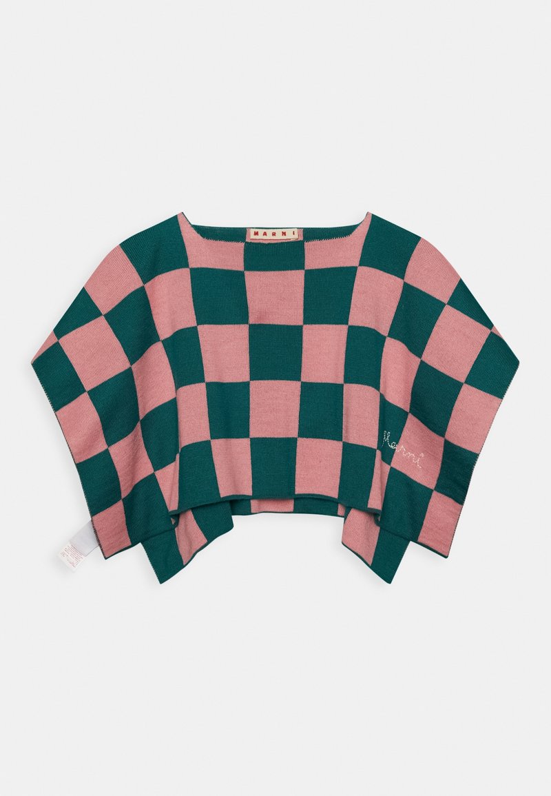 Poncho tricoté à carreaux verts et roses avec un large col et un ourlet asymétrique, avec une petite signature brodée sur le côté.