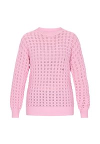 Rosa stickad tröja med ett löst virkat mönster, rund halsringning, ribbade mudd och fåll. Långa ärmar, lätt och andningsbar textur.