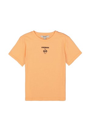 Oranje katoenen T-shirt met korte mouwen en een ronde hals. Kenmerkt zich door zwarte "CHERISH" tekst en een fietsafbeelding op de borst. Soepele textuur.