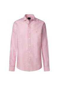Red and white striped long-sleeve shirt made of lightweight fabric, featuring a classic collar and white button closures along the front.