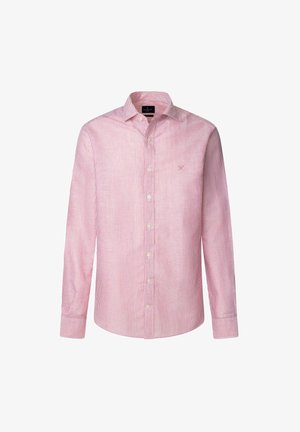 Dlhý rukáv pruhovaný červenobiely fičúr vo svetlom materiáli, s klasickým golierom a bielymi gombíkmi pozdĺž prednej strany.