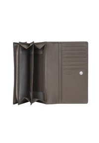 Portefeuille en cuir gris foncé avec une finition texturée. Dispose de plusieurs emplacements pour cartes, d'une poche zippée et d'une fermeture à pression.