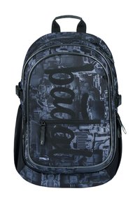 Zaino nero con un design testurizzato caratterizzato da motivi a circuito, grande scomparto centrale, tasca con zip frontale e spallacci regolabili.