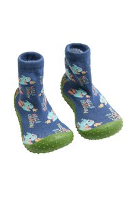 Calcetines azules texturizados con suela de goma verde, con patrones de dinosaurios coloridos y diseño de tobillo alto para un mejor ajuste y agarre.