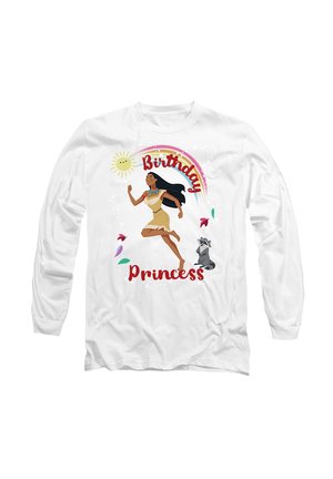 Long-sleeve white T-shirt featuring a running character, text "Birthday Princess," floral accents, and a raccoon illustration.