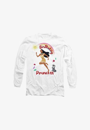 Long-sleeve white T-shirt featuring a running character, text "Birthday Princess," floral accents, and a raccoon illustration.