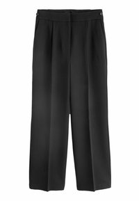 Schwarze weit geschnittene Hose mit hoher Taille, ausgestattet mit vorderen Falten und seitlichen Taschen. Hergestellt aus einem glatten, leichten Stoff.