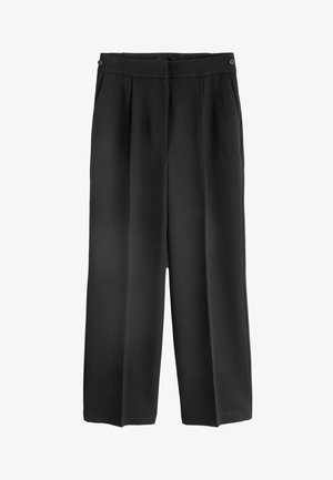 Zwarte wijde broek met een hoge taille, voorzien van voorplooien en zijzakken. Gemaakt van een gladde, lichte stof.