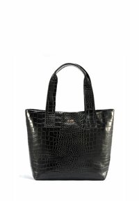 Czarna skórzana torba tote o fakturze krokodylej, z dwoma solidnymi uchwytami i prostokątnym kształtem. Złote akcenty logo na środku.