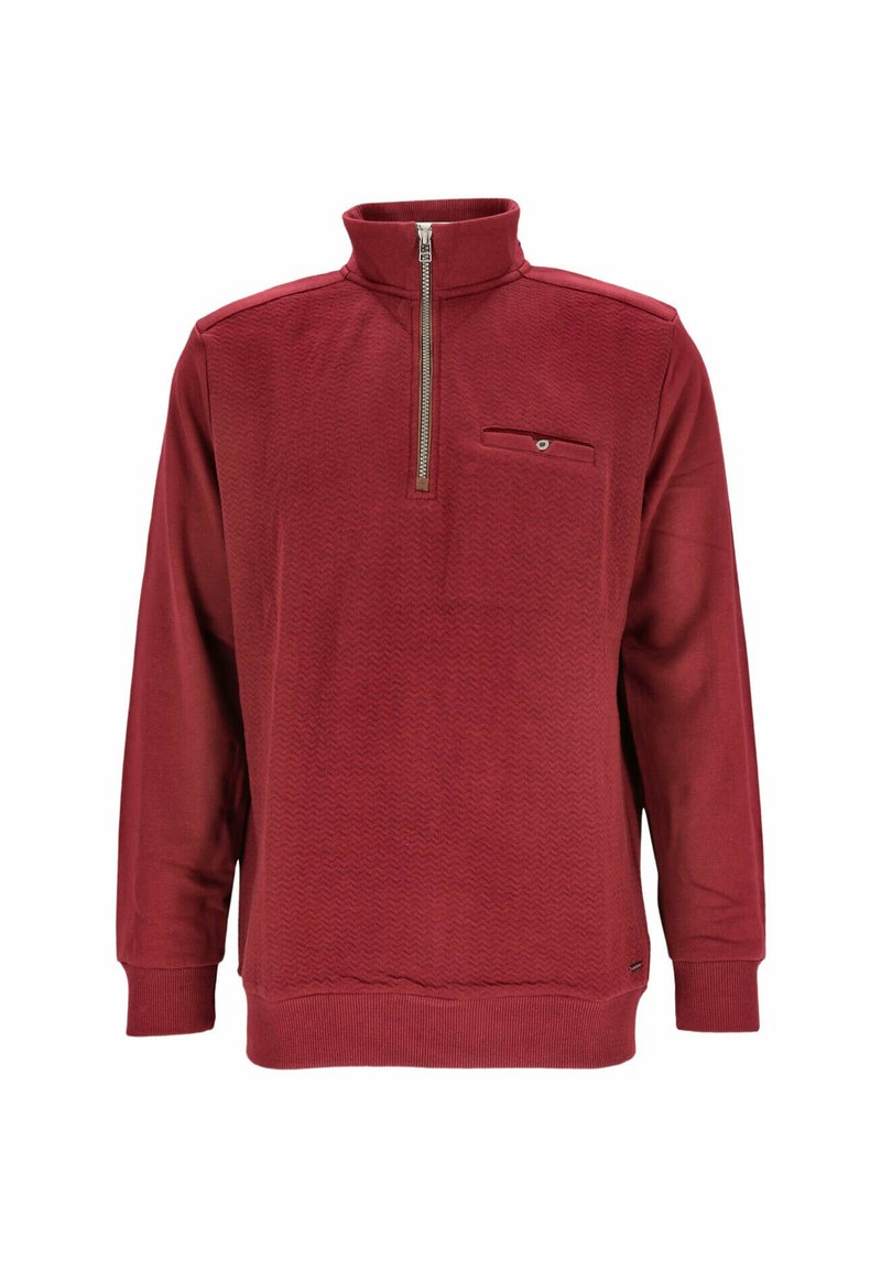 Herren Langarm-Pullover in Bordeauxrot mit gerippten Bündchen, hohem Reißverschlusskragen und kleiner, geknöpfter Brusttasche.