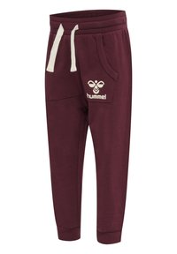 Bordeauxfarbene Sweatpants mit weißen Kordeln, seitlichen Taschen und einem Logo am linken Oberschenkel. Hergestellt aus weichem, strukturiertem Stoff mit schmaler Passform.