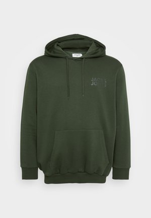 Olivgrüner Hoodie mit einer Fronttasche, Kapuze mit Kordelzug und geprägtem Logo auf der Brust. Hergestellt aus weichem, strukturiertem Stoff.