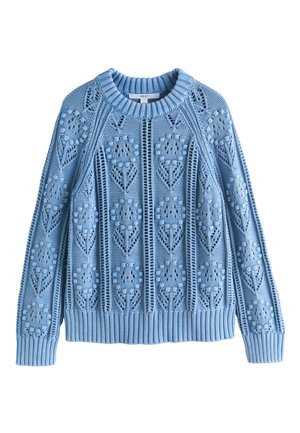 Light blue knitted sweater with floral lace patterns, ribbed cuffs, hem, and round neckline.