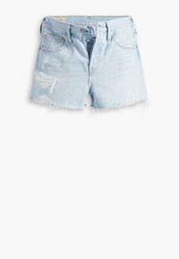 Light blue denim shorts with frayed hem, distressed patches, five-pocket design, and button-fly closure.