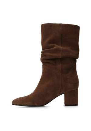 Brown suede ankle boot with a slouchy design, pointed toe, and block heel. Features a smooth texture and minimal stitching details.