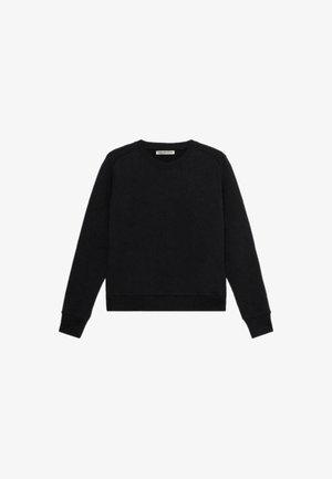 Sudadera negra hecha de una tela suave, con cuello redondo, mangas largas y puños acanalados con un discreto detalle de logo en el frontal.