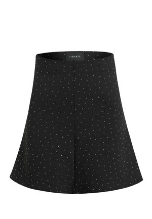 Must A-lõikeline seelik väikeste valgete täppidega ja keskse õmblusega, talje sees sildi "Liberté Copenhagen".