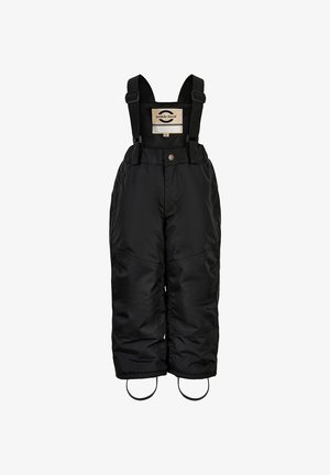 Čierne snehové nohavice s nastaviteľnými ramienkami, vyrobené z hladkého, vodeodolného materiálu. Vyznačujú sa pevnými švami a spevnenou časťou v oblasti kolien.