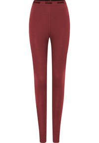 Røde leggings lavet af et blødt, strækbart stof, med en sort talje, hvor mærket "DOVRE" er trykt i et gentaget mønster.