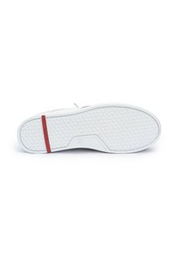 Suola di sneakers bianca con motivi testurizzati, una striscia rossa prominente e un'etichetta che indica la taglia 42. Materiale in gomma liscia.