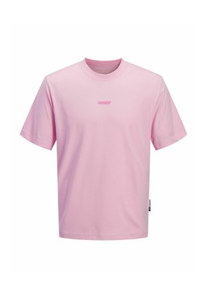 Lichtroze T-shirt met korte mouwen en ronde hals, met een klein centraal logo op de borst en een stoffen label aan de onderste zijnaad.