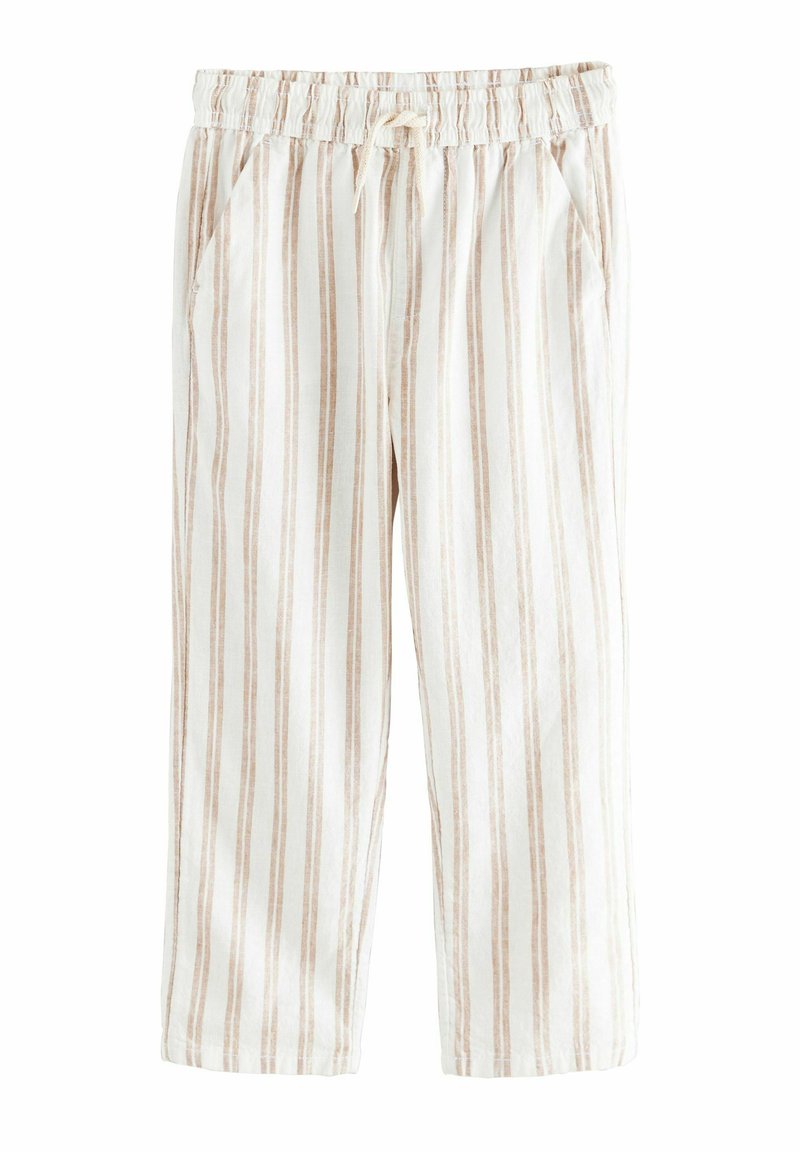 Byxor i linblandning med elastisk midja och dragsko. Har vertikala beige och vita ränder samt två sidfickor. Raka ben.