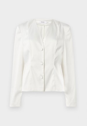 Bílý saka na míru s dlouhými rukávy, třemi zakrytými knoflíky, mírně vertikálními švy a límcem ve tvaru V od značky Stylein, velikost malá.