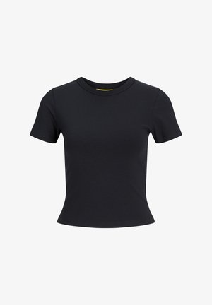 Svart t-skjorte med korte ermer laget av glatt bomull, med rund hals og en tettsittende silhuett. Enkel, ensfarget design.