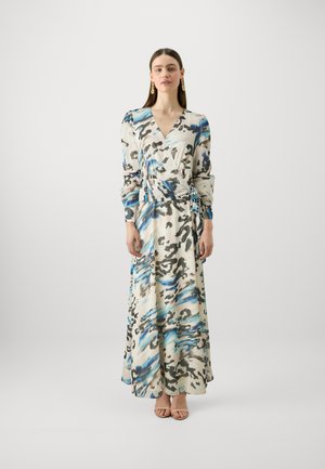 Long, wrap dress in lightweight fabric featuring a cream base with blue and black abstract patterns, v-neckline, and long sleeves.